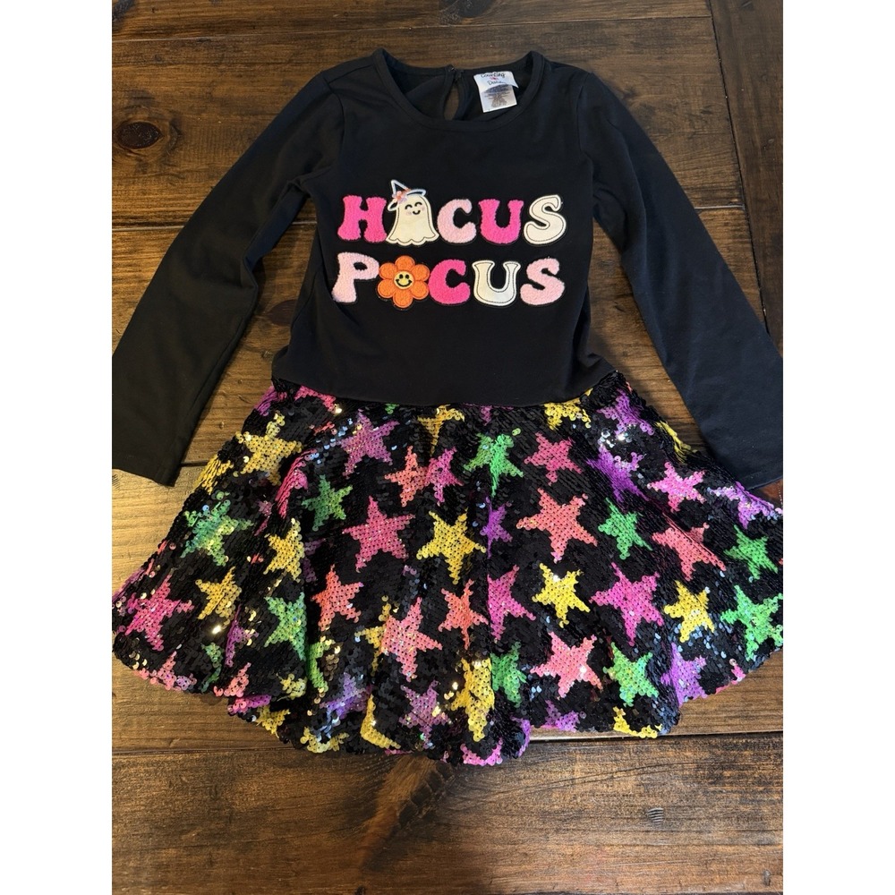 Counting Daisies girls 7 - 8 Black Hocus Pocus dress. Colorful sequins